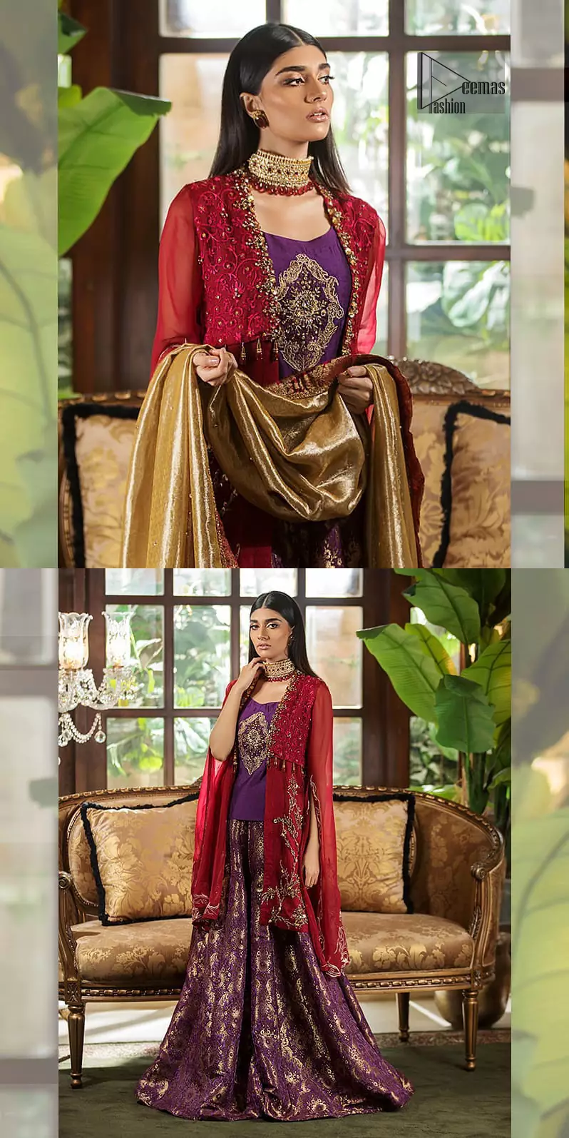 Tradition meets modernity. Boost your confidence and style in this glamorous attire accentuated with finest zardosi work, stunningly perfect for any evening ensemle. Short shirt is ornamented with a large motif in the center done with antique shaded kora, dabka, tilla and sequins. Pair it up with deep red gown beautifully adorned with floral thread embroidery on the bodice and finishing with tassels. Furthermore it is highlighted with floral bootis. Finish the look with brocade sharara. It is comprises with golden brocade dupatta having embellished red applique on all four sides.