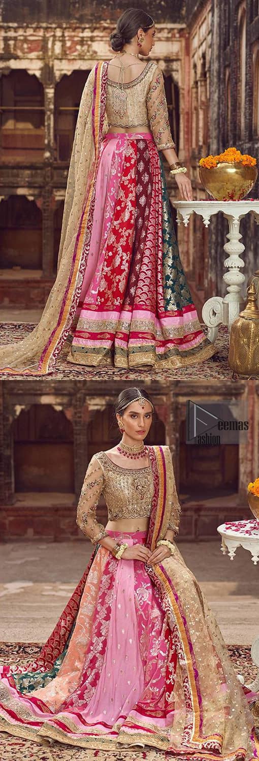 Make your special day more interesting with this shabby chic statement intensified with rich thread and tilla work all over the front, a large motif in the center and bold patterns at the end of blouse. Having full length sleeves adorned with floral bootis. Add some super cool twist to your look with these subtle colors in this lehenga enhanced with different color panaels. The bottom of the lehenga is adorned with applique and laces. Style it up with golden dupatta adorned with four sided applique border and scattered sequins all over.