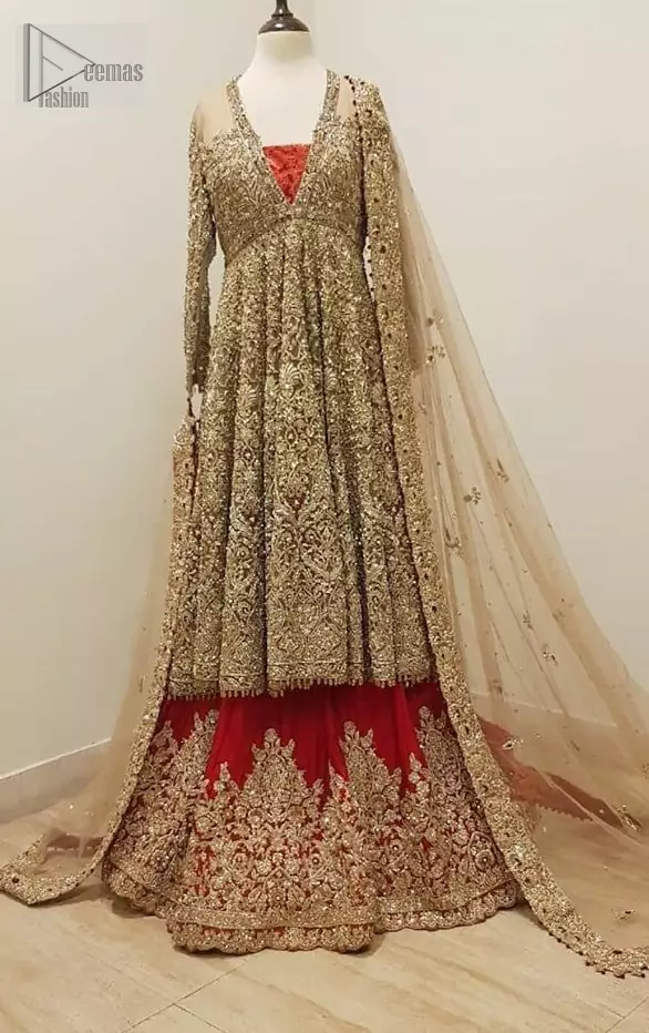 Latest Pakistani Bridal Wear – Golden Embroidered Frock Red Wine Lehenga
