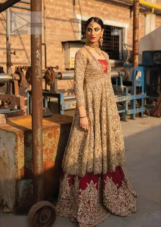 Latest Pakistani Bridal Wear – Golden Embroidered Frock Red Wine Lehenga
