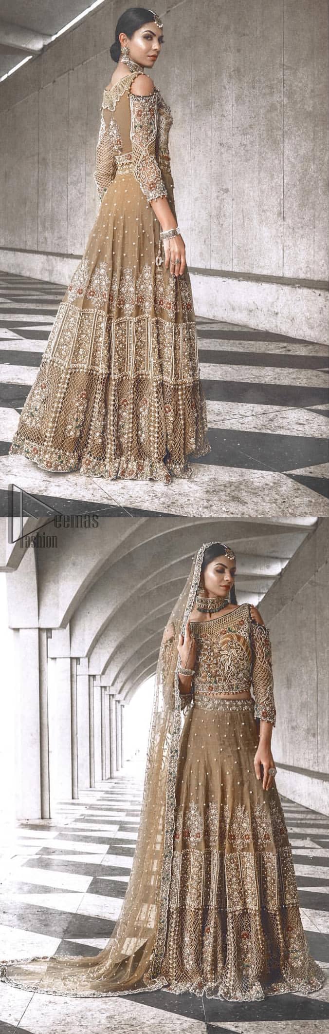 An example of beauty and elegance. Our bride makes a statement in this stunningly floraison, perfect blend of glamour and tradition with outstanding craftsmanship and gorgeous detailing. The cold shoulder blouse is stunningly embellished with intricate embroidered neckline done with light golden and silver zardosi work all over. Lehnga is compiled with zardozi embellishment which gives this festive season a flattering dimension to die for. The outfit is coordinated with beige net dupatta adorned with scattered sequins all over and four sided border.