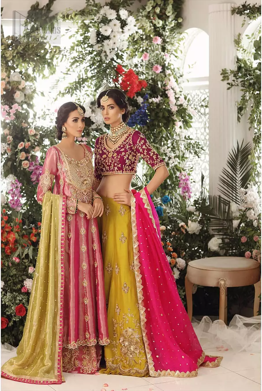 Nothing speaks of femininity and class louder than this mehndi outfits for bridesmaids. This beautiful mehndi dress comes with anarkali frock with beautiful embellished motifs around the scalloped hemline and vertically worked gold lines and heavily embellished neckline with light golden, champagne and antique shaded zardozi work. It comes with sharara adorned with colored floral embroidery with champagne embellishment. Complete the look with parrot green dupatta having four sided applique borders and sequins spray on the ground.