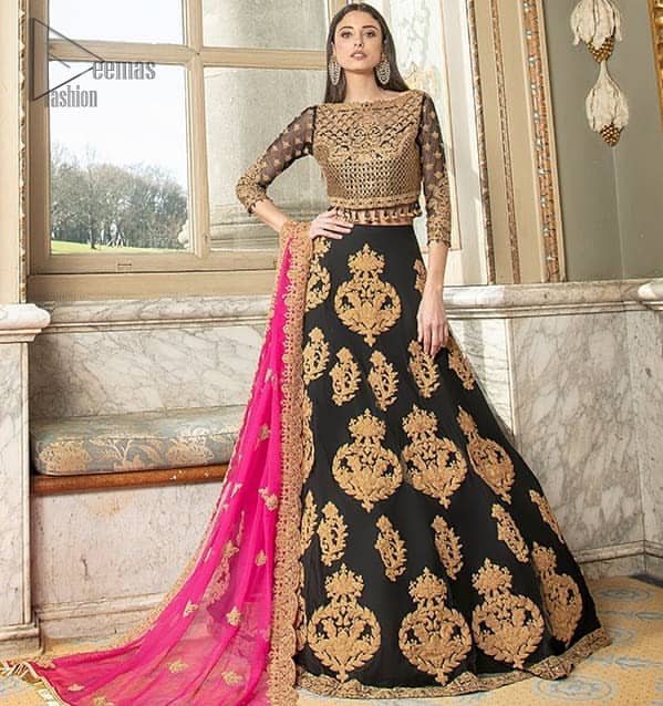 This outfit is an immensely captivating traditional piece, enhancing the art of classical heritage showcasing the craftsmanship of kora and dabka detailed with pearls; artistically embellished to give a beautiful rhythm to the outfit.  Blouse is enhanced with zardosi work.  It comes with full embellished lehenga adorned with different sizes motifs and finished with thin border. It is coordinated with pink chiffon dupatta which is sprinkled with small motifs all over. It is further furnished with four sided scalloped border.