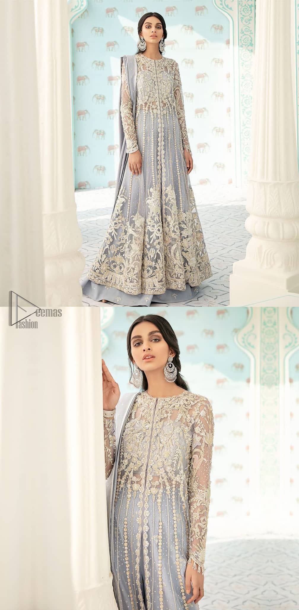 You are all set to make a lasting impact with the divine royalty of this dress. This artisan piece includes intricate hand-embellishment. This technique gives this garments a unique look, and helps to sustain a traditional craft carried out by skilled artisans. This multiple panels front open maxi is ornamented by light gold zardozi work with beautiful embellished motifs around the hem and vertically worked gold lines. It comprises with raw silk sharara adorned with tiny floral motifs and dupatta is decorated with sequins spray all over.