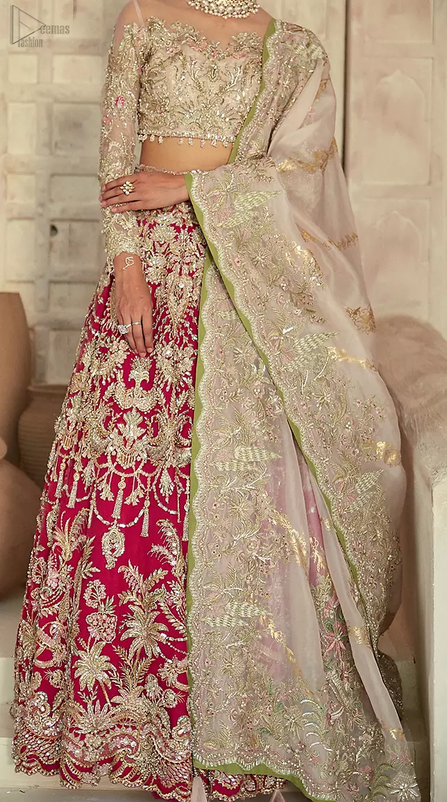 Best choice for your wedding day. This outfit is enhanced with zardozi work on the blouse and lehenga, finishing with dangling tassels.
