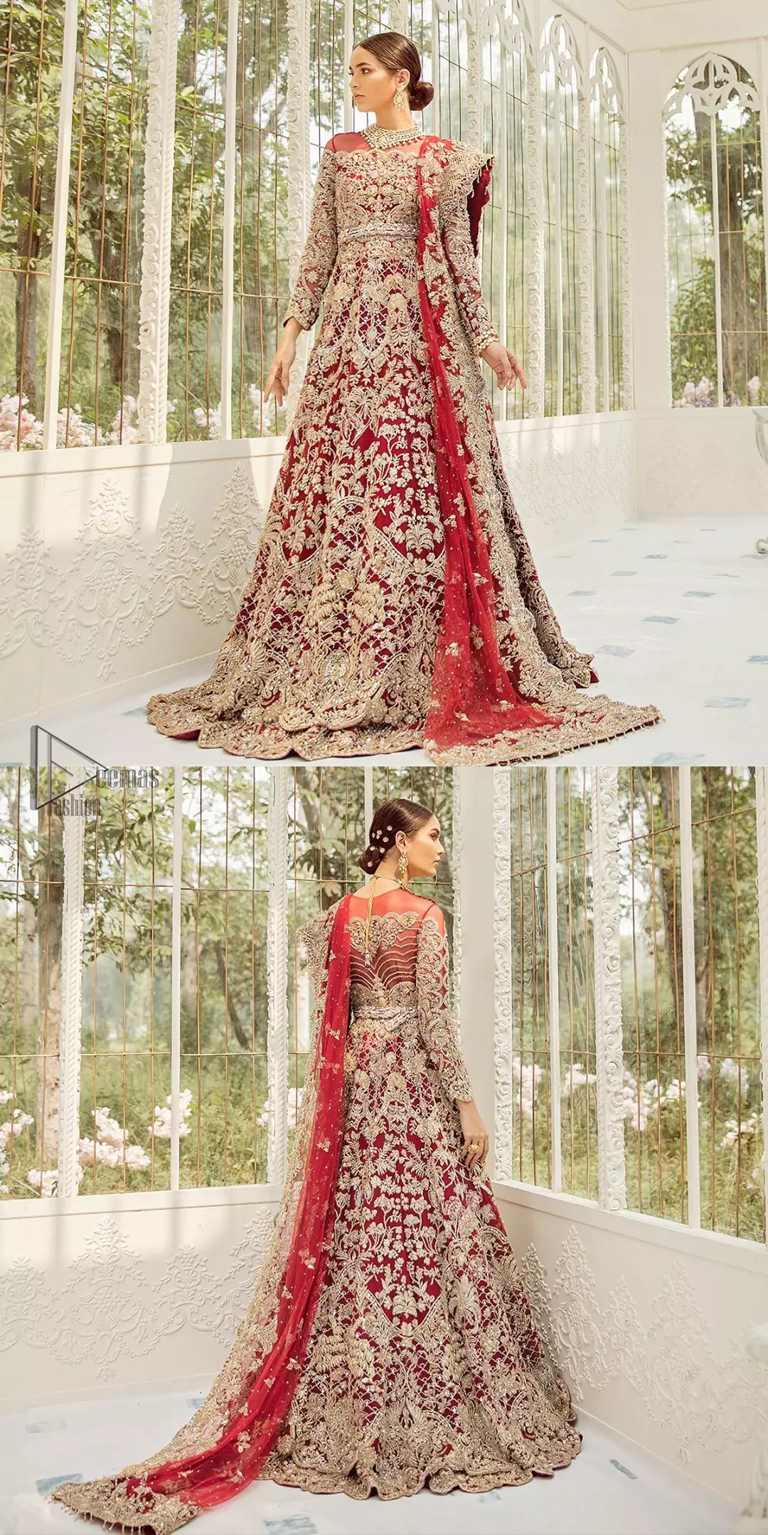 This bridal dress is perfect for your big day. Our bride makes a statement in this stunningly floraison, perfect blend of glamour and tradition with outstanding craftsmanship and gorgeous detailing. This floor length maxi is beautifully sculptured floral jhaal, floral bunches and thick scalloped hemline done with light golden kora, dabka, tilla and sequins embroidery. Exude elegance with red lehenga finessed with beautiful embellished scalloped bottom with zardosi work. The red net dupatta with chann and finishing all around the edges makes the look complete.
