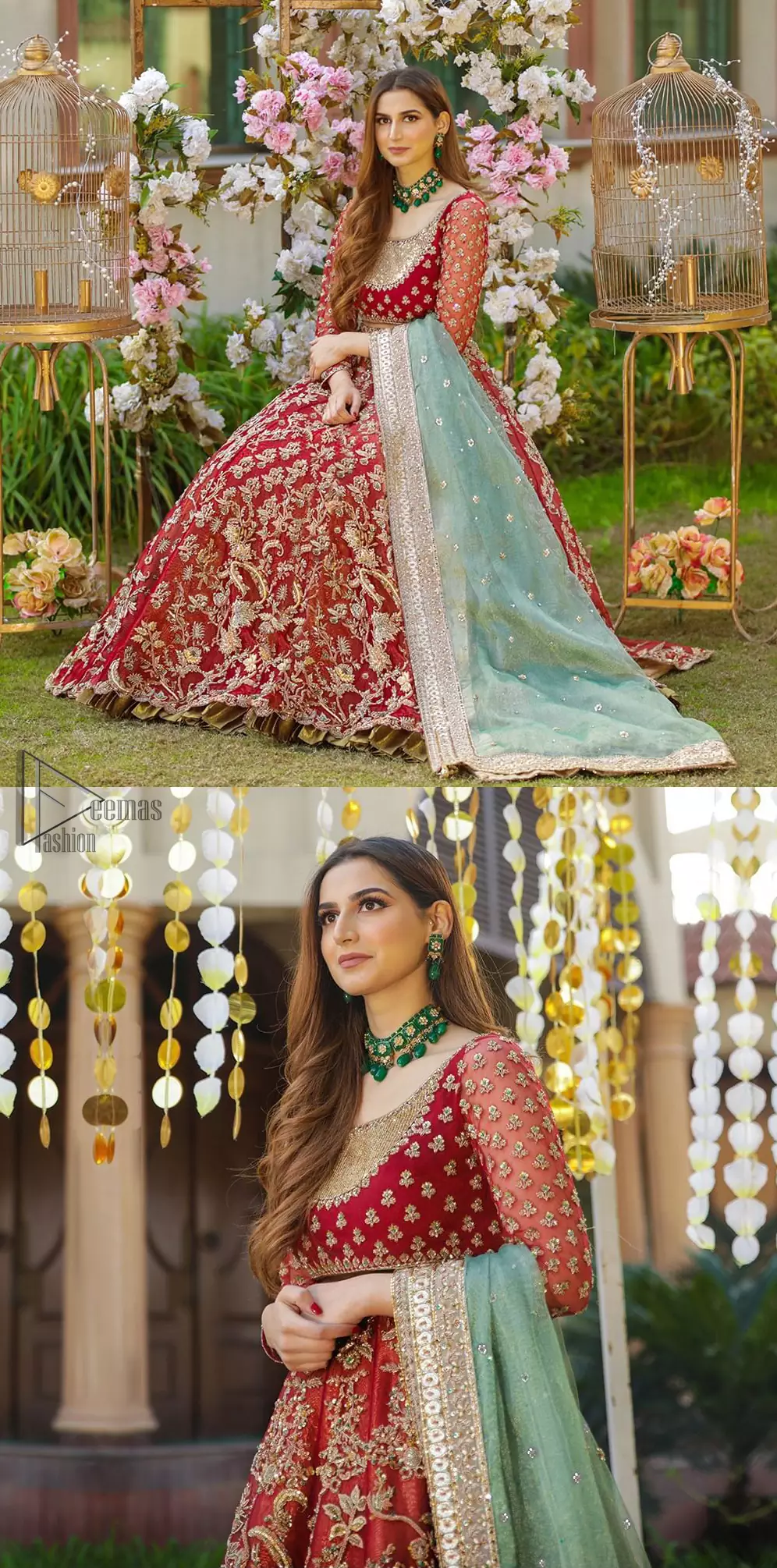 Make a special day even more magic with our exquisite bridal dress. This wedding dress is elegant and eye-catching in equal measure. Strike a breathtakingly elegant pose in this wedding dress, designed with a beautiful neckline embellished with sequins details and scattered tiny floral motifs all over. The lehenga is decorated with floral embroidery all over and finished with frilled fabric. The mint green organza dupatta with chann and finishing all around the edges makes the look complete.
