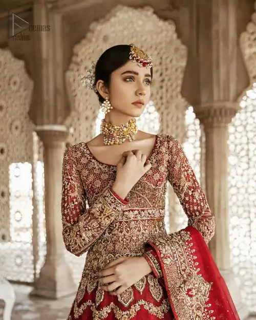 Captured in traditional silhouette, This traditional red pishwas is aesthetically designed with motifs,geometric and floral patterns, embellished with kora, dabka,