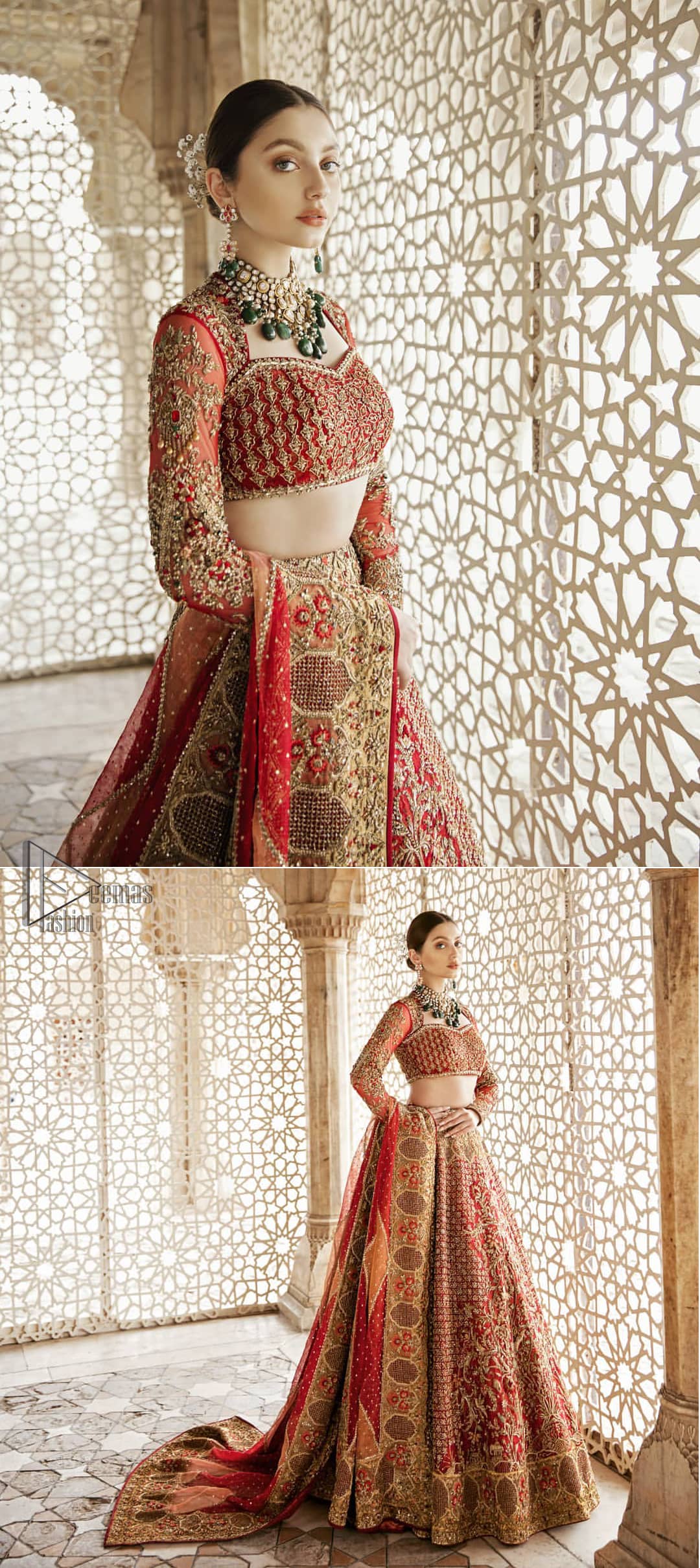 Classic, timeless and truly beautiful, our bridal dress is perfect for your unforgettable day. This exceptionally detailed dress is cut in a seductive fit and flare silhouette that’s sure to turn heads. The blouse is adorned with antique shaded kora, dabka, tilla, kundan, sequins and pearls. Coordinated with traditional red lehenga having geometric patterns and floral embroidery ornamented with antique shaded zardozi work. The hemline is also adorned with vibrant floral motifs. Elegance is personified when it gets paired up with red organza dupatta having four sided thick embellished border.
