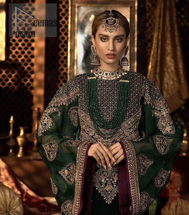 Let the crowd stare and make it worth their while when you walk wearing this beautiful outfit. The shirt carries intricate zardozi embroidery in antique and dark antique shades. Upholding the idea of simple is beautiful, you would definitely want to wear this for your next occasion. Complement the look with plum trousers enhanced with embroidered border in shades ofantique. Style it up with olive green dupatta sprinkled with sequins and four sided embroidered borders.