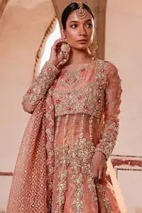 rose gold pakistani bridal dresses in peach colour