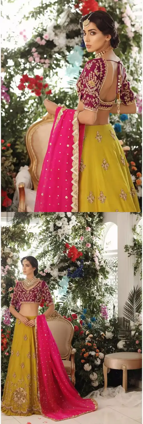 Adorn yourself with this breath-taking mehndi lehenga outfit. This beautiful mehndi dress comes with yellow lehenga with scattered beautiful embellished