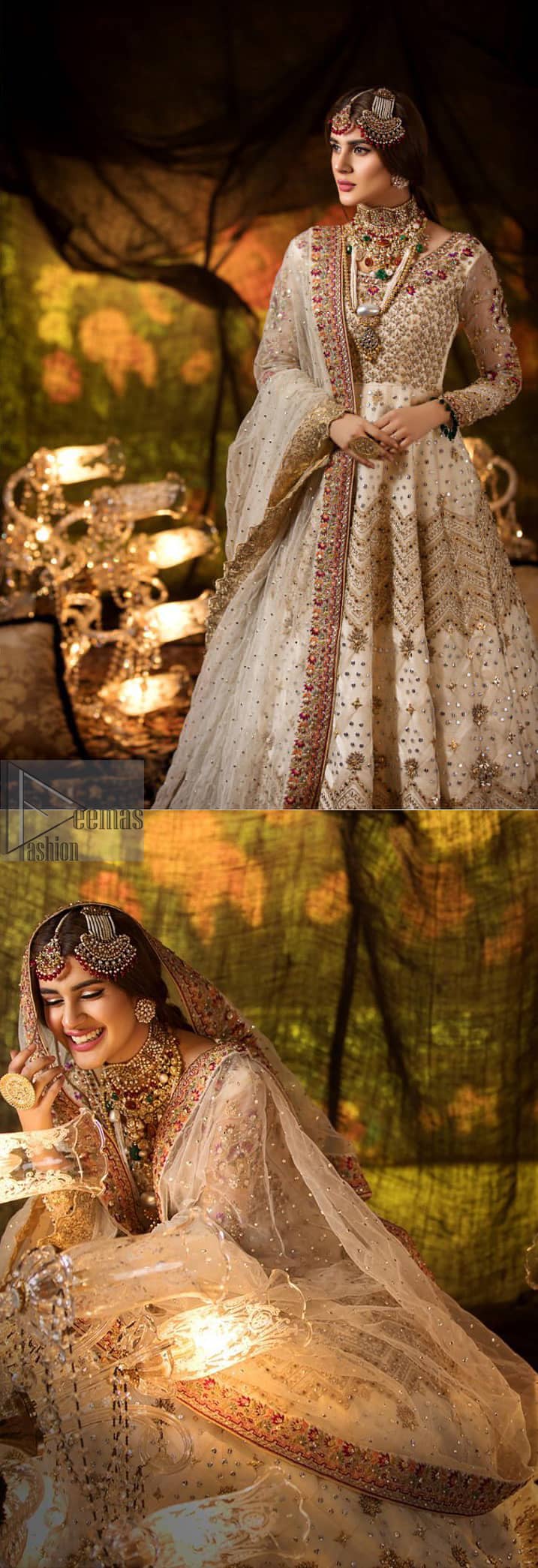 Delicately crafted and personifying chic elegance with an element of grandiose. This outfit is beautifully sculptured with geometric embroidery, adorned with heavy embellished bottom with golden and antique shaded kora, dabka, pearl and sequins work all over. Furthermore the outfit is emphasized with colorful thread work and mukesh embroidery. It is coordinated with ivory dupatta with sequins sprayed all over it along with zardozi work all around the edges to make the look complete.