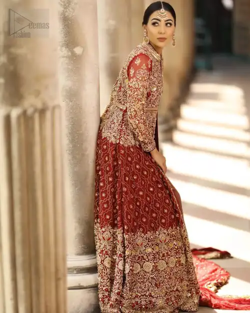 Crafted with love. Make your big day more beautiful with our excessively embroidered front open gown featuring delicately embellished neckline