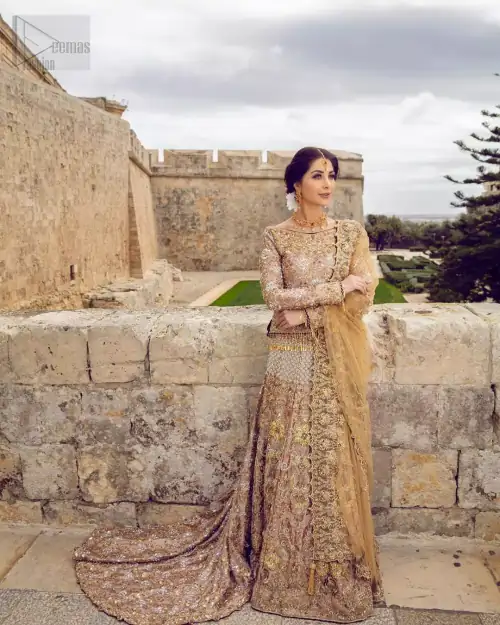 Strike a breathtakingly elegant pose in this wedding dress, designed with a beautiful blouse and a dramatic train. This artisan