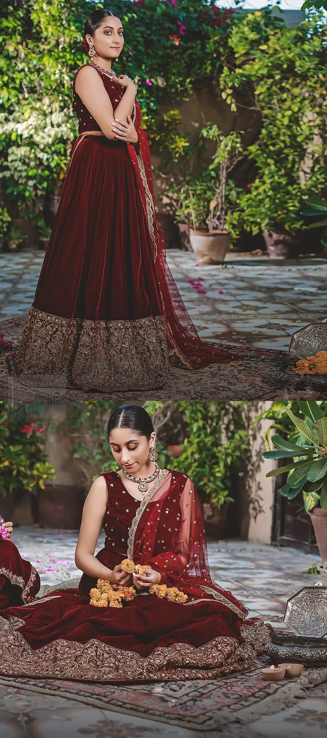 Let the crowd stare and make it worth their while when you walk wearing this maroon velvet lehenga blouse. Designed to flaunt your best features, the sleeveless blouse carries sequins spray with round neckline. Upholding the idea of simple is beautiful, you would definitely want to wear this for your next occasion or on your big day. The blouse is paired with maroon lehenga with hand embellishments on velvet base. The wide flare lehenga hemline is emphasized with intricate details with antique shaded kora, dabka, tilla and sequins work that gives the perfect ending t this outfit. Paired with maroon net dupatta having lace on all four sides.