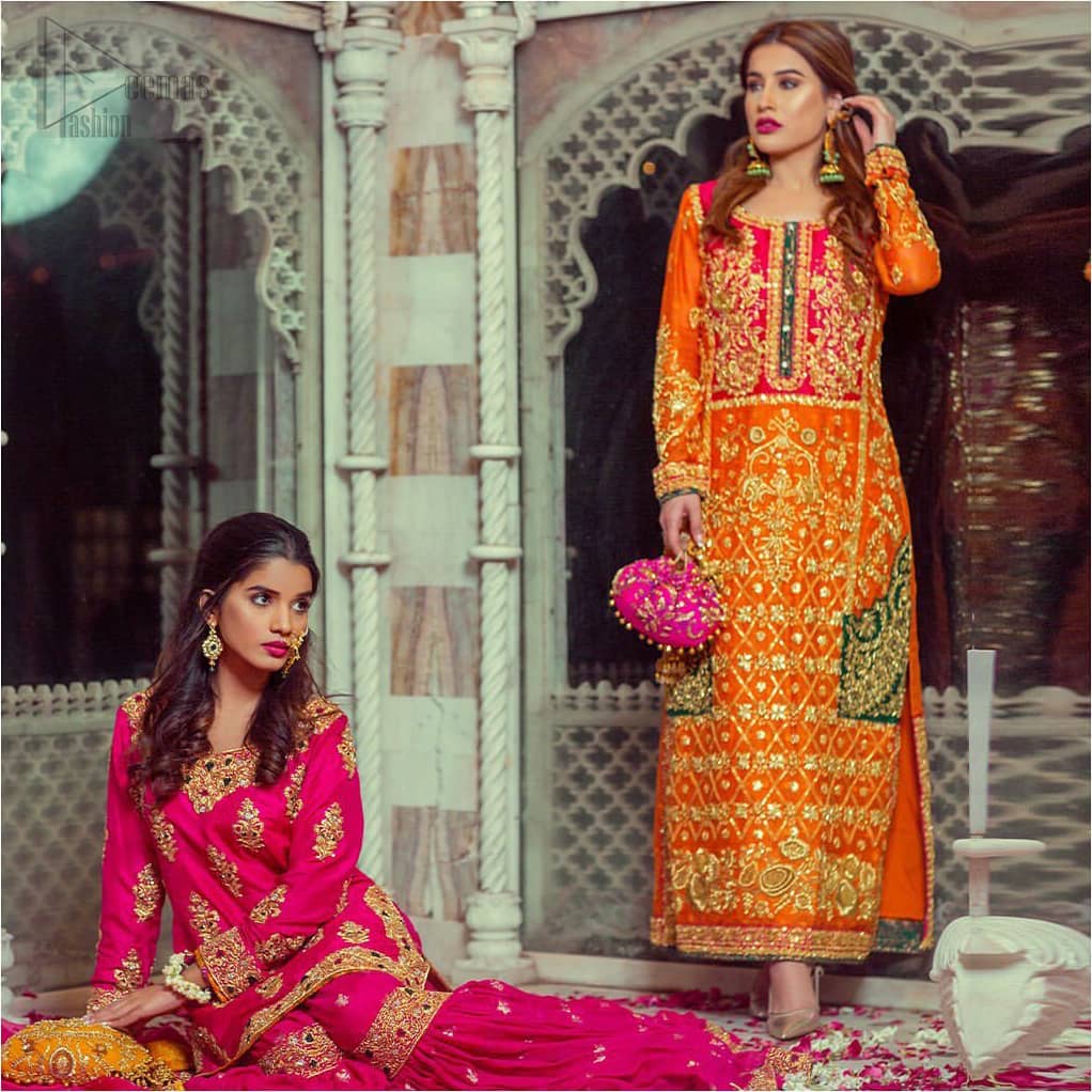 Get bold and beautiful with this uber-stylish ensemble that has flattering cuts, and a colour palette that is bewitching. This orange long shirt adorned with intricate tilla work, kora, dabka and sequins is perfect ensemble for mehndi. Furthermore the shirt is also highlighted with pink embellished bodice and rest of the shirt is enhanced with geometric gota embroidery and green applique instantly draws attention.. It comprises with orange pajama adorned with gota work. Paired with pink chiffon dupatta with kiran lace finishing all around the edges that gives the right amount of glamour to the outfit.