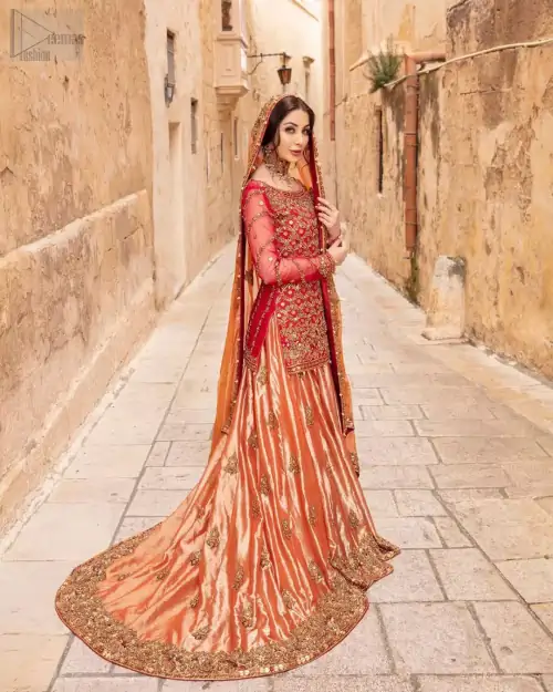 Make your big day more beautiful with our excessively embroidered back train lehenga shirt featuring delicately embellished neckline along with