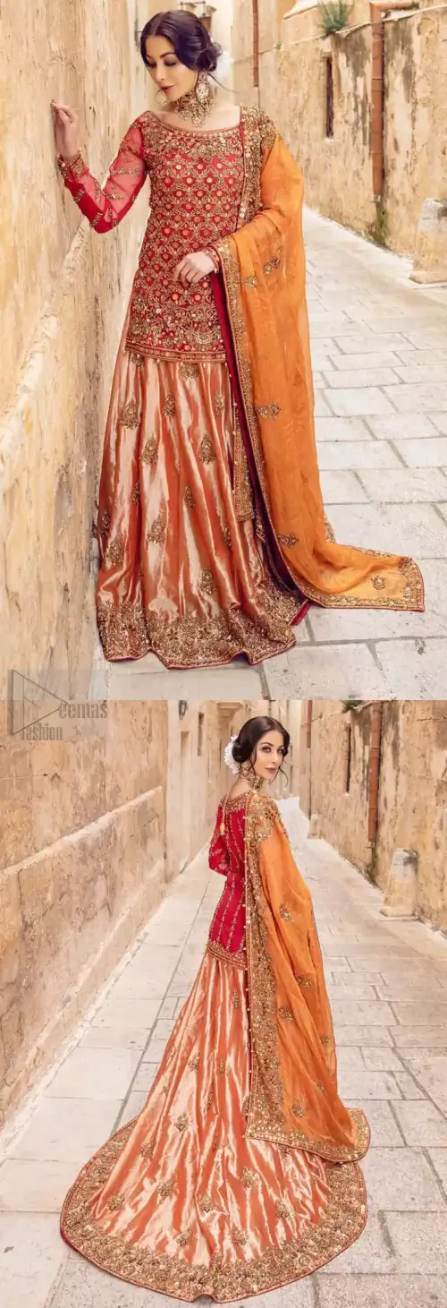 Make your big day more beautiful with our excessively embroidered back train lehenga shirt featuring delicately embellished neckline along with