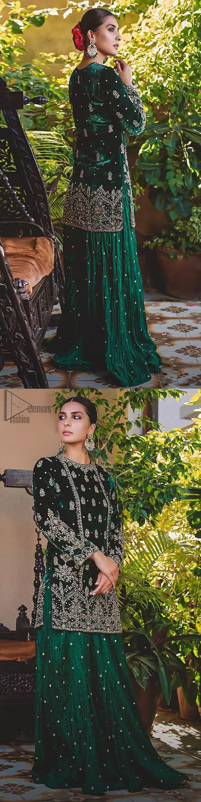 This mehndi outfit is a true example of decorative and ornamental expression stylized in a contemporary way. The dress comes with a bottle green velvet shirt with beautiful embellished motifs on the ground and vertically worked lines and it finished with a thick embellished border with silver zardozi work. Pair it up with bottle green crushed sharara adorned with scattered sequins all over. To complete the look, go with chiffon dupatta decorated with sequins spray all over.