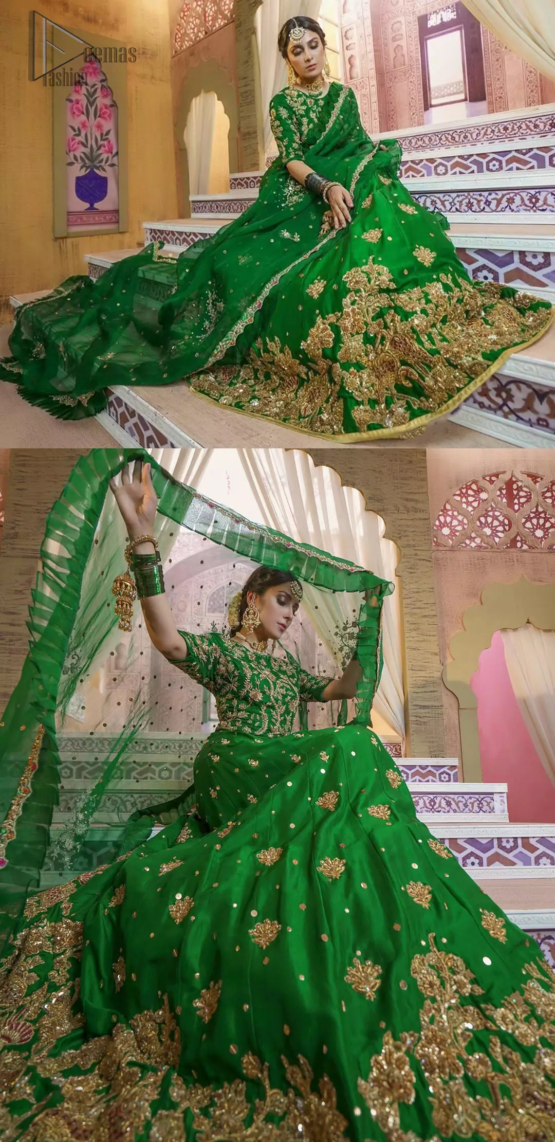 Nothing speaks of femininity and class louder than this green mehndi outfits for bridesmaids. This beautiful outfit comes with a green lehenga which is beautifully embellished with motifs, sprinkled with sequins and it finished with a thick embellished border. The blouse is breathtakingly ornamented with floral bootis which covers every inch of the blouse. The dupatta incorporates beautifully designed scalloped borders and frilled on all four sides. The kora, dabka, tilla, sequins and pearls work are done in the shades of golden.