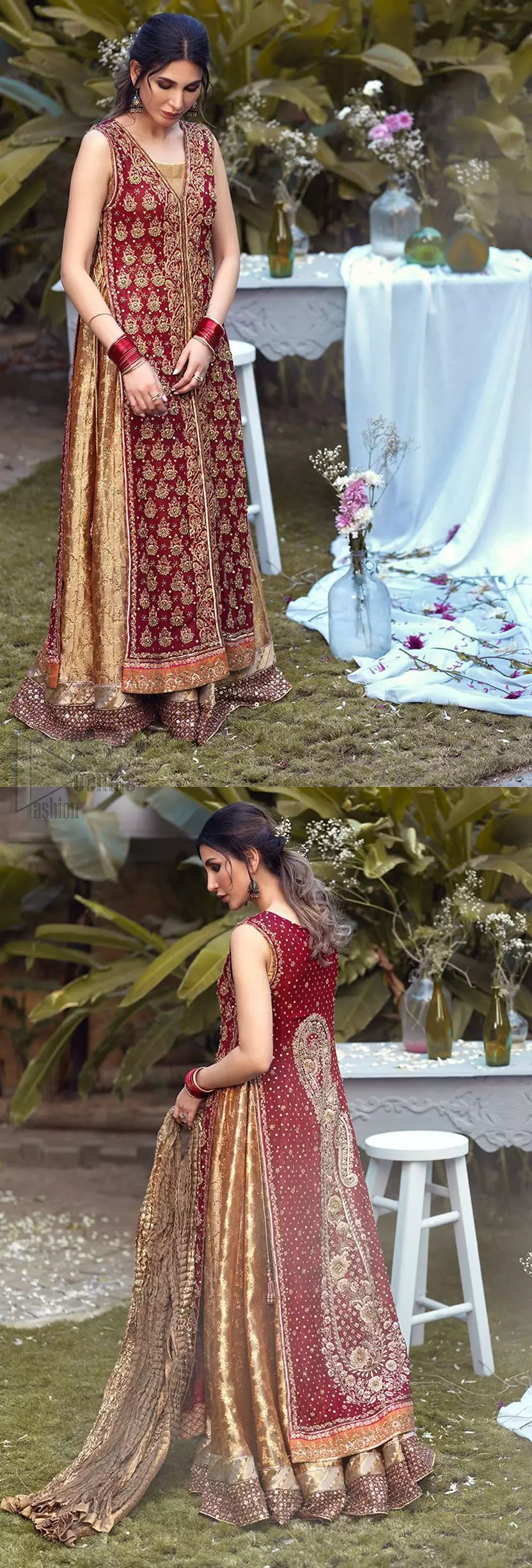 Impeccably on trend, this chic, romantic and oh-so-elegant ensemble is perfect for the one who want to mix vintage touches in with more daring and contemporary designs. Unique craftsmanship and detailed embellishments on the maroon front open shirt, done with golden zardozi. Furthermore the back of the shirt is also emphasized with zardozi work and scattered sequins all over the back. It comprises with golden inner maxi enhanced with maroon embellished applique on the bottom. Pair it up with golden brocade churidar pajama and golden crushed dupatta.