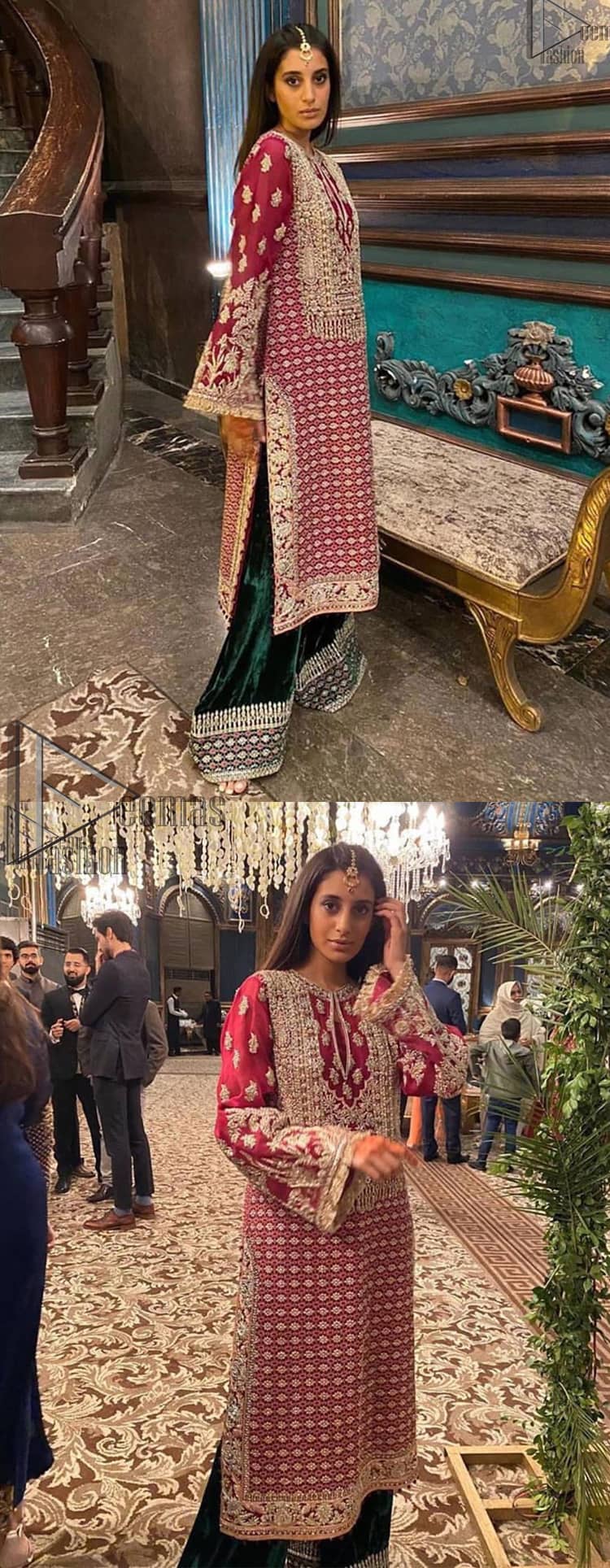 The new season is all about making a statement. An sensational affair so timeless and magnificent, beautifully crafted in hues of golden. Embellishd bodice with zardozi work and bell sleeves adorned with tassels finishing make the outfit more beautiful. Balance the look with bottle green palazzo pants highlighted with embroidered borders at the bottom and red organza dupatta with sequins spray all over. Craftmanship and skills you've never witnessed before.