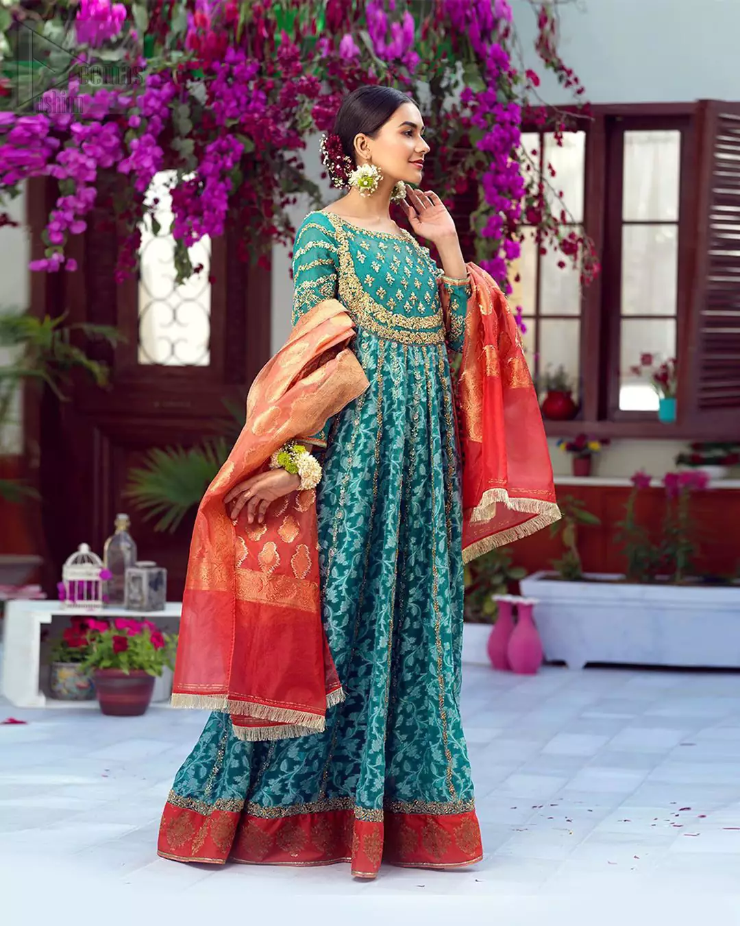 Sea Green Pishwas Frock Capri Pants Light Mehndi Wear 