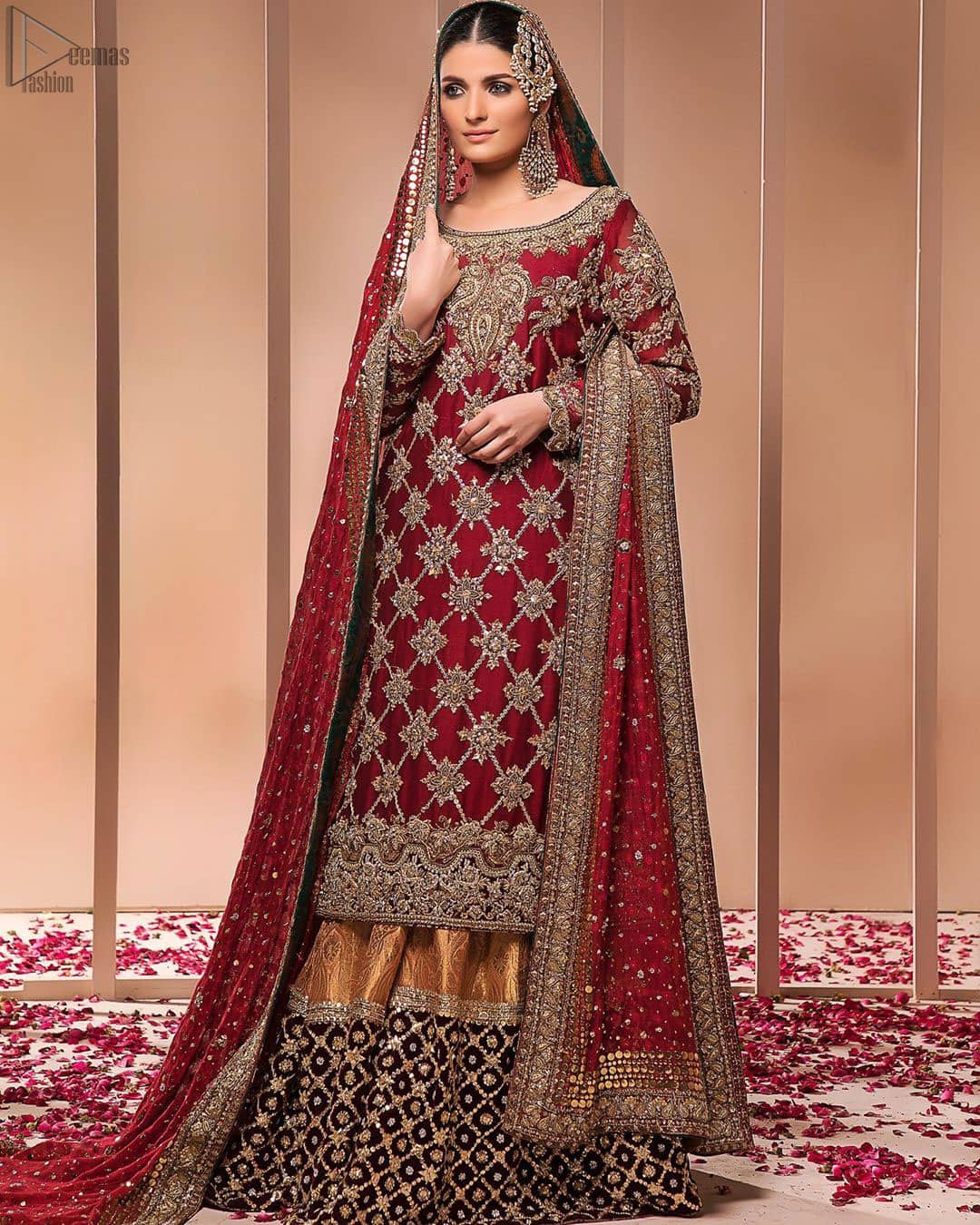 Maroon Long Shirt Dupatta – Golden Sharara - Pakistani Wedding Dress
