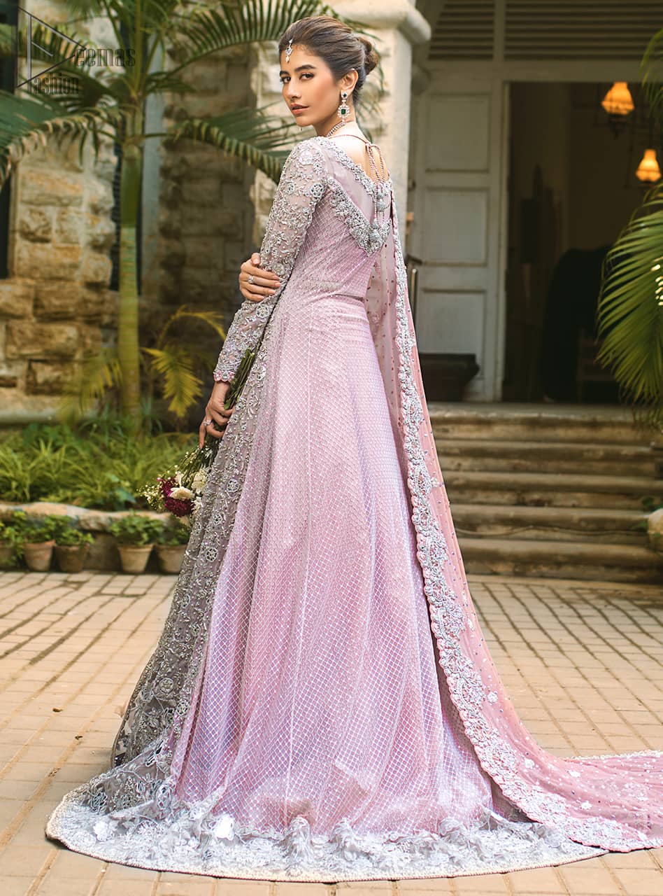 Pink Front Open Gown - Ruffled Sharara - The dupatta incorporates beautifully designed borders on all four sides, focusing on the heavily embellished pallu borders to give it a perfect maharani look.