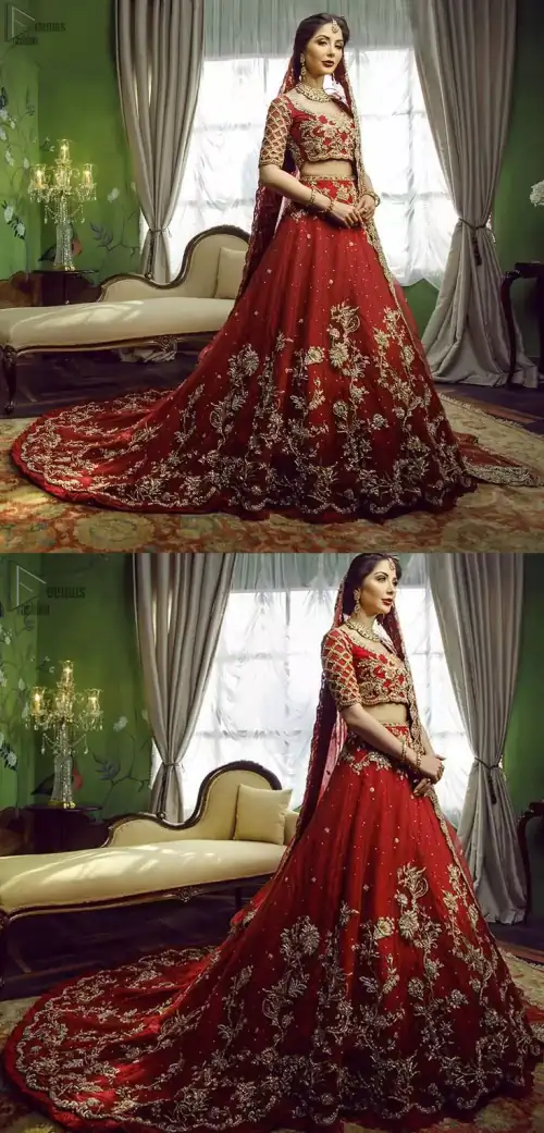 Red Back Train Lehenga Blouse – Dupatta