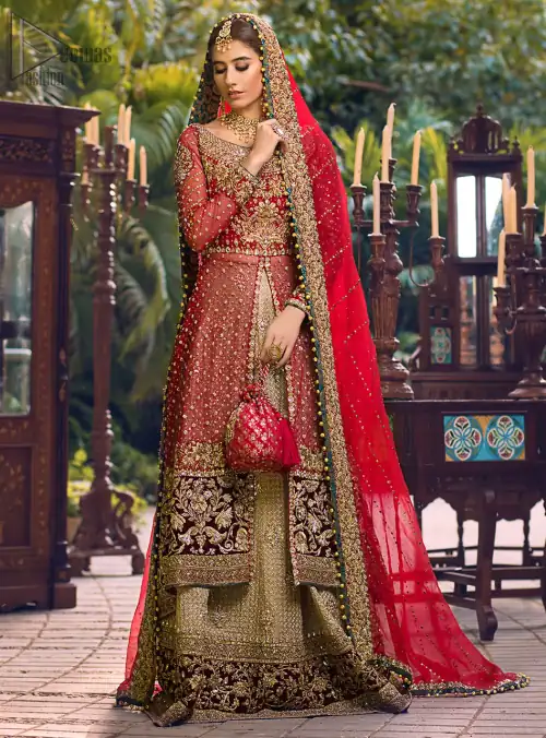Red Back Train Shirt - Golden Lehenga