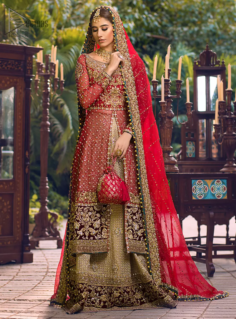 Latest Pakistani Wedding Wear - Red Back Train Front Open Gown - Golden Lehenga