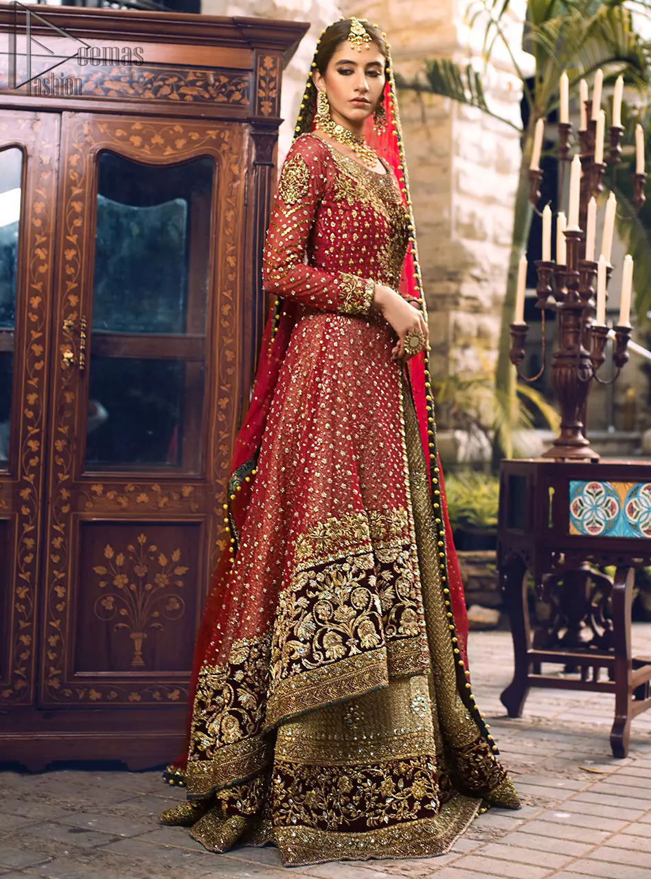 Tradition meets modernity in this dress. For an opulent upgrade to your occasion wear our red jacket (Front open gown having bodice) highlighted with a beautifully embellished bodice and damman.