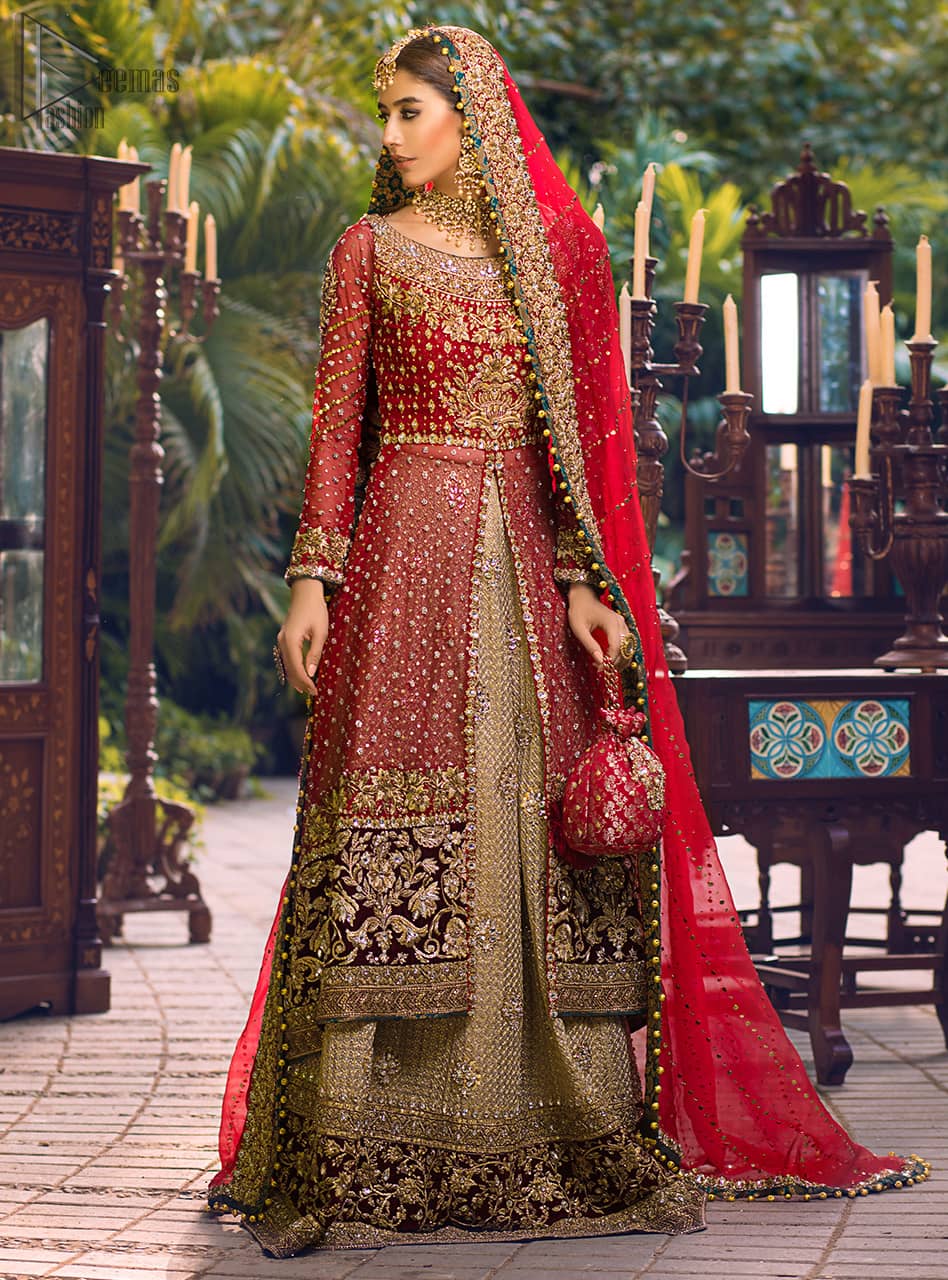 Latest Pakistani Wedding Wear - Red Back Train Front Open Gown - Golden Lehenga