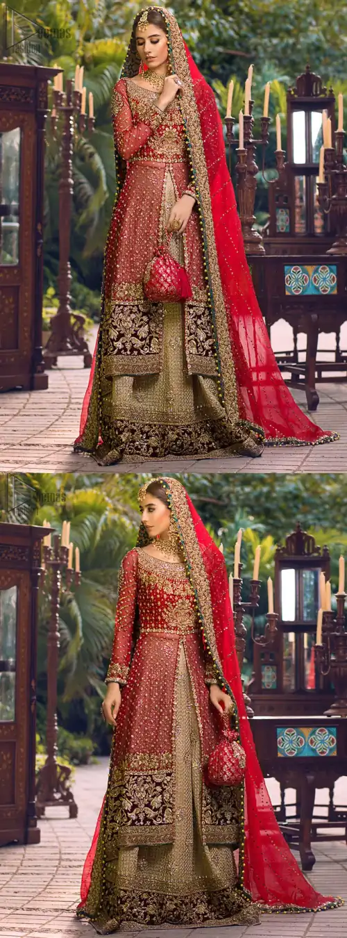 Red Back Train Shirt - Golden Lehenga