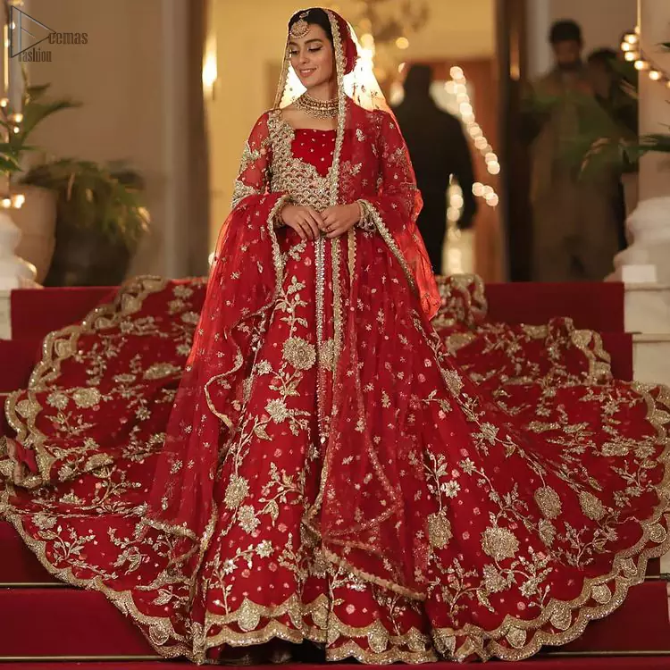 Pakistani Bridal Wear - Red Front Open Back Train Maxi