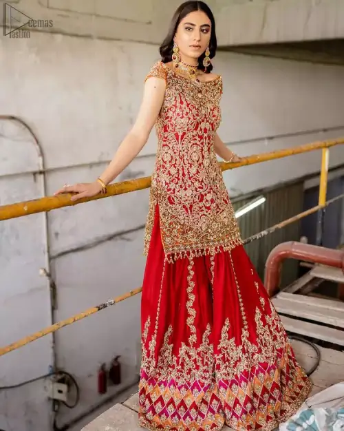 Red Off Shoulder Short Shirt - Chatta Patti Sharara n Dupatta