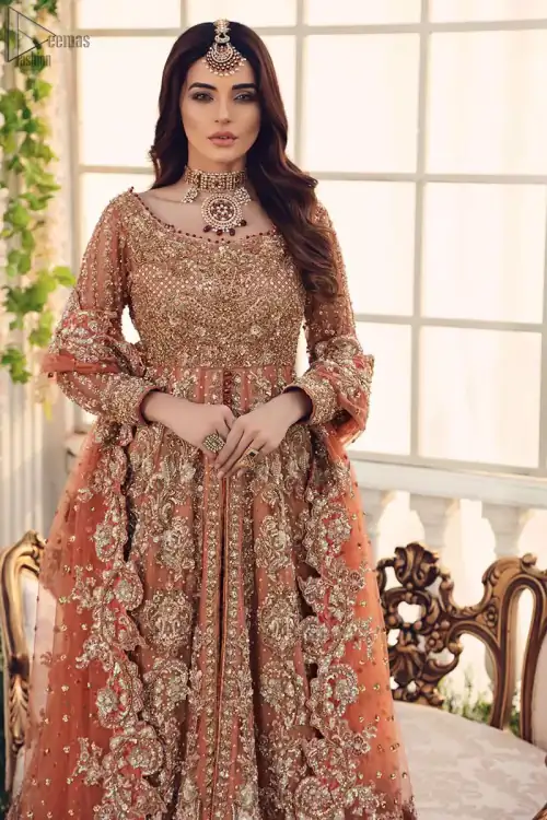 Salmon Gown Red Back Train Lehenga