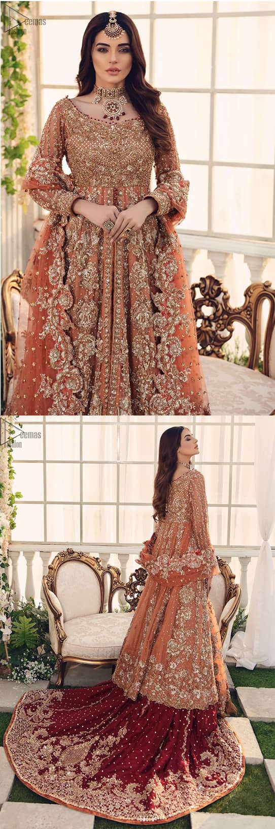 This fairytale ensemble is everything that you need to impress everyone. The maroon Lehenga is an example of remarkable handwork. The floor kissing asymmetrical lehenga adds to its charm and falling to a dramatic train.