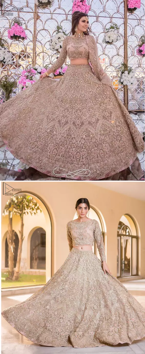 Picturing your bridal in a tea rose colour? This subtleness laden with ornamental embellishments and embroidery creates such a fairytale touch to your wedding. The boat-shaped blouse is emphasized with light golden zardozi work and finished with dangling pearls. Paired up with matching lehenga creates an unusual charisma wholeheartedly. Featuring beautiful handwork and a delicate arrangement of hand-embellished floral patterns with zardozi work along the length of lehenga. Refined craftsmanship is at its best with a hand embellished dupatta. The dupatta incorporates beautifully designed borders on all four sides, focusing on the heavily embellished pallu borders to give it a perfect maharani look.