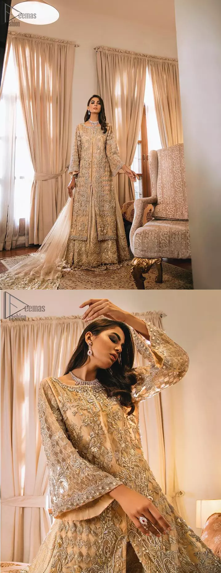 An unforgettable look and ideal for the festive season. An elegant yet trendy front open style makes this outfit more classy. Crafted artfully with detailed zardozi work and illusion neckline finessed with kora, dabka, and Kundan. The motifs and intricate details are a true example of decorative and ornamental expression stylized in a contemporary way. The bell sleeves make this outfit more classy. Balance the look with banarsi lehenga highlighted with embroidered borders at the bottom. The dupatta is enhanced with embroidered pallu.
