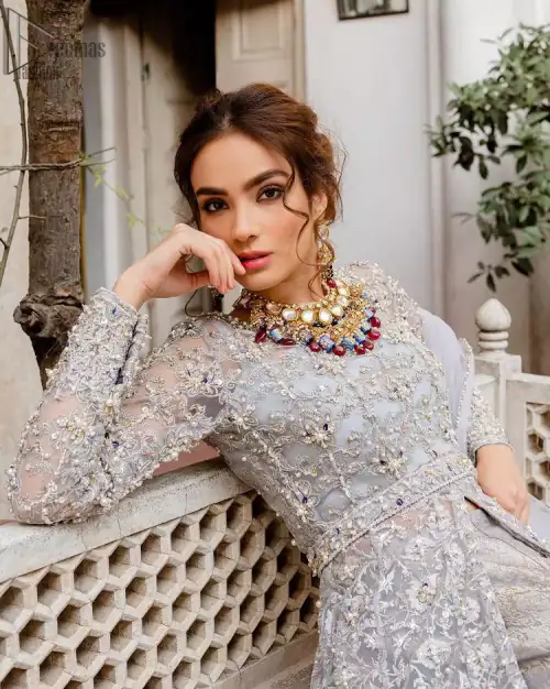 Light Gray Front Open Nikah Wear Maxi and Pure Katan Banarsi Jamawar Lehenga