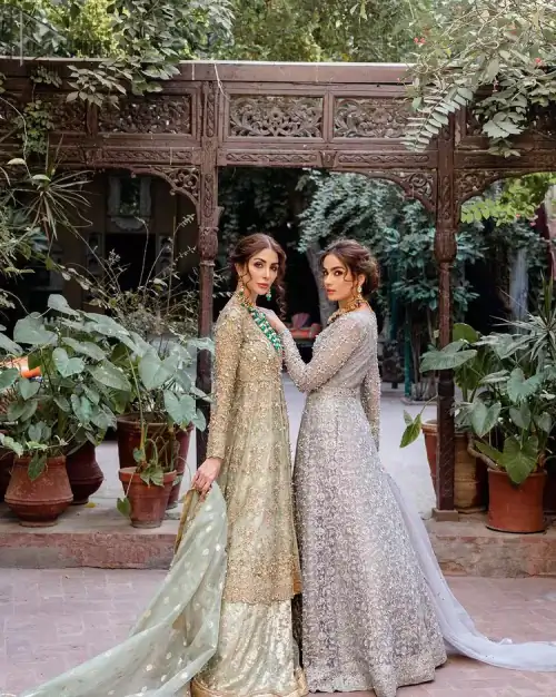 Light Gray Front Open Nikah Wear Maxi and Pure Katan Banarsi Jamawar Lehenga