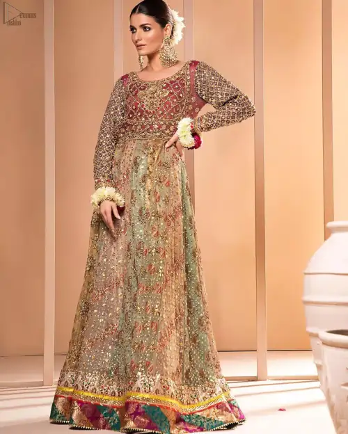 Copper Rust Bodice Multiple Panel Frock - Light Purple Dupatta