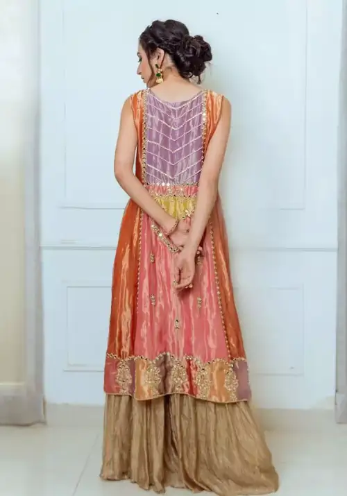 Orange Appliqued Shirt- Golden Sharara