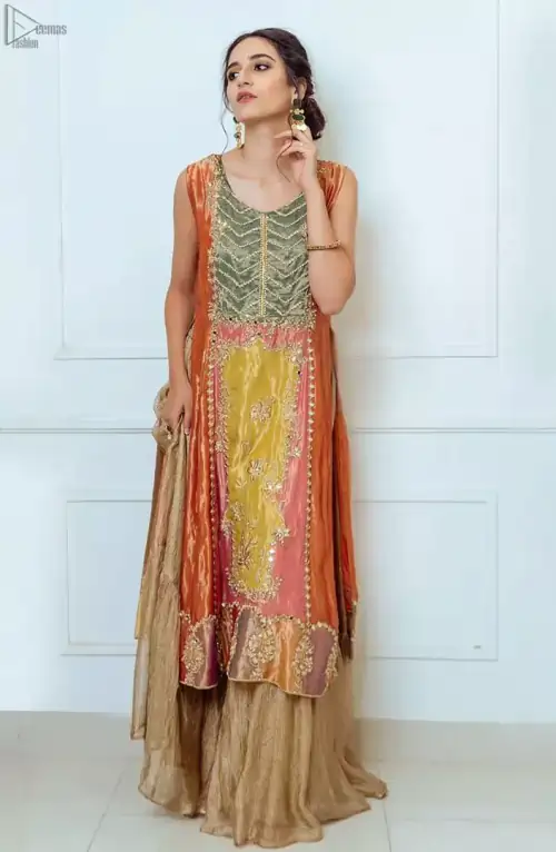 Orange Appliqued Shirt- Golden Sharara
