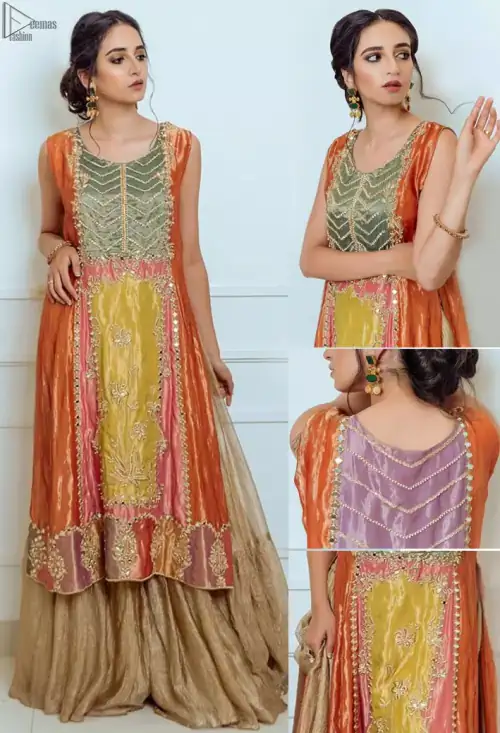 Orange Appliqued Shirt- Golden Sharara