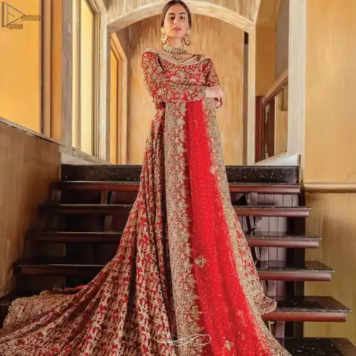 Red Off Shoulder Blouse - Back Train Lehenga n Dupatta for wedding