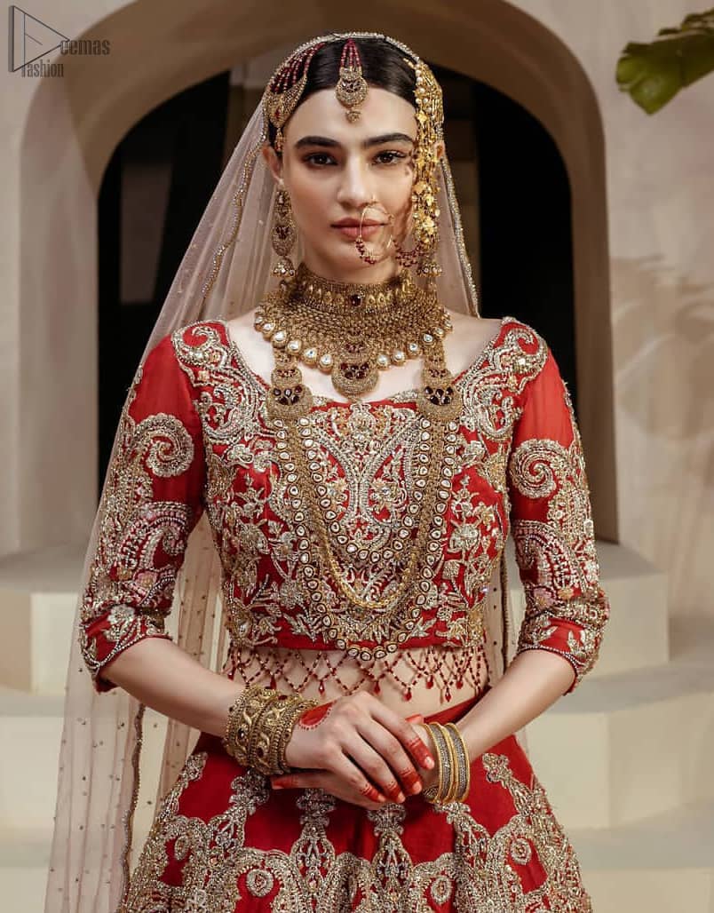 Red Lehenga Blouse – Fawn Dupatta